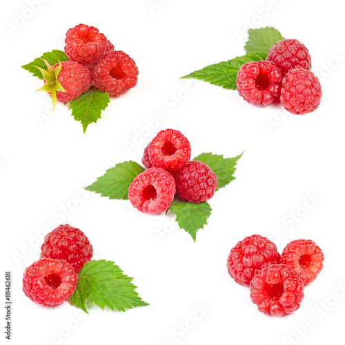 Set of Red Ripe Raspberry Heaps with Green Leafs Isolated