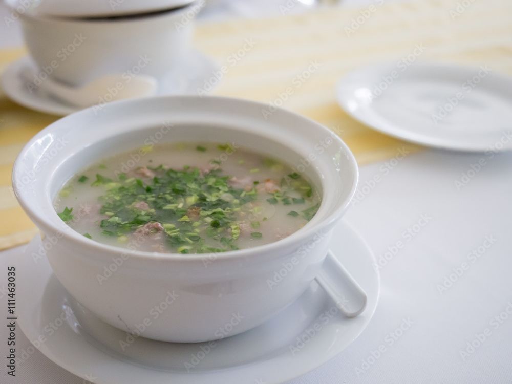 Boiled rice pork or mush for thai style breakfast Boiled rice pork or mush for thai style breakfast