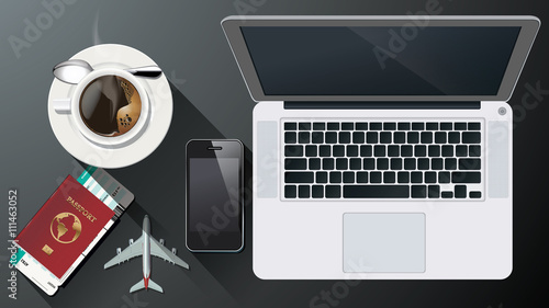 Vector business laptop, coffee cup, smart phone, passport, fligh photo