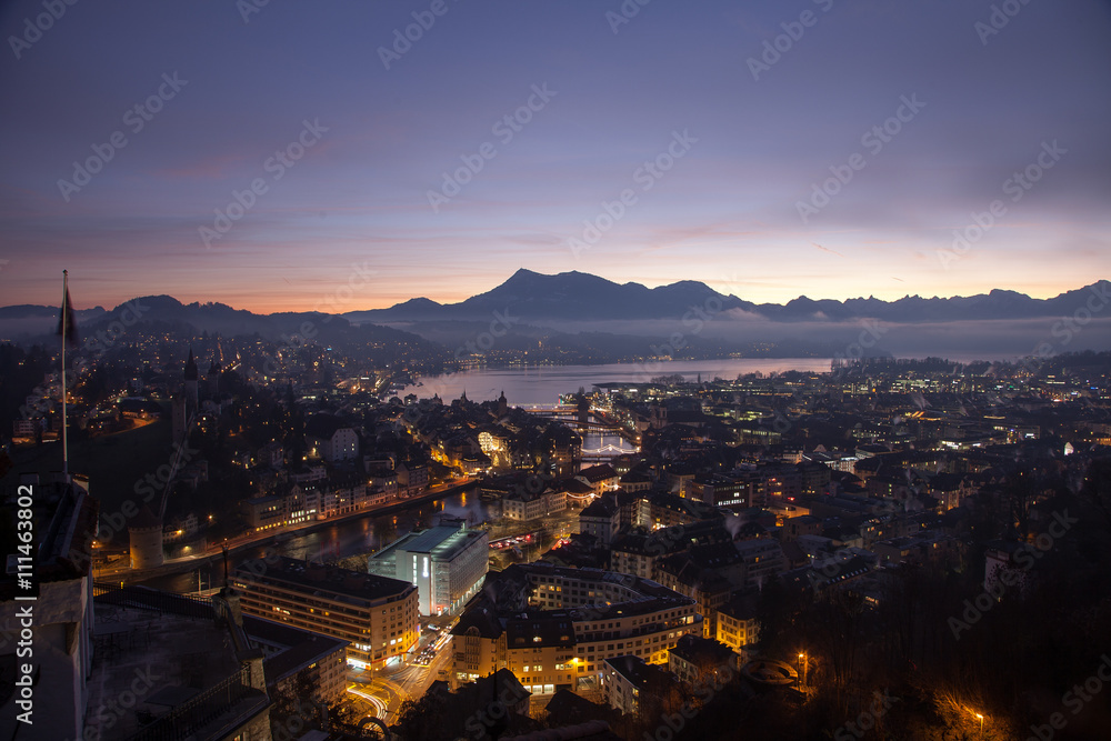 Aerial view over Luzern (Lucerne) at sunrise, Switzerland