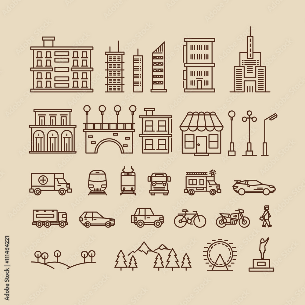 Line elements of city. Buildings and houses, trees and transport icons for city map or cityscape. Vector illustration