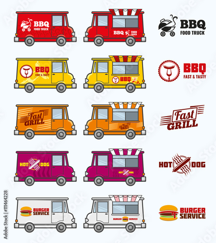 Food trucks vector set. Food car and lunch food service. Van restaurant transport illustration