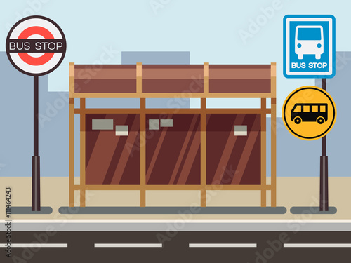 Bus stop with urban cityscape. Stop for transport or road bus stop. Vector illustration