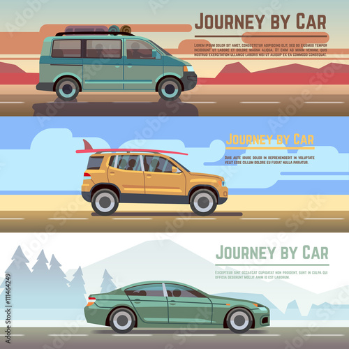 Fototapeta Naklejka Na Ścianę i Meble -  Trailering by car vector banners set. Car on road, auto holiday travel and car journey poster