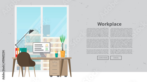 Web banner with workplace and place for text. Vector illustration with business workspace in the office. Web page with office interior.