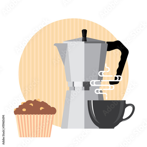 Coffee cup. Coffee cup isolated on background. Paper coffee cup. Coffee cup in flat style, coffee machine and cake