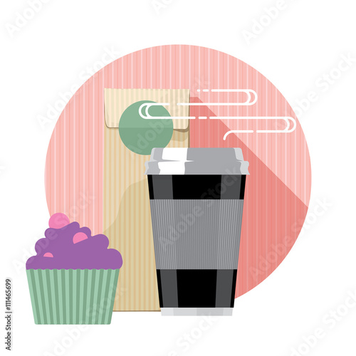 Coffee cup. Coffee cup isolated on background. Paper coffee cup. Coffee cup in flat style, cake