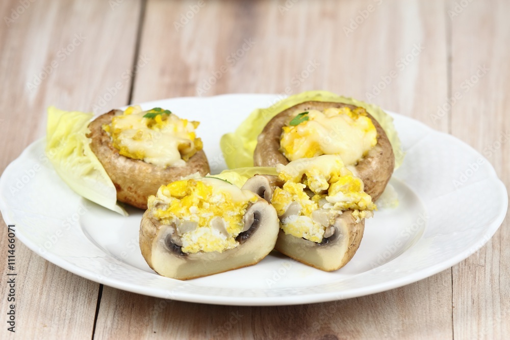 Grilled mushrooms with eggs, cheese