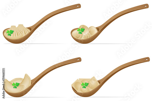 dumplings of dough with a filling and greens in the spoon set ic
