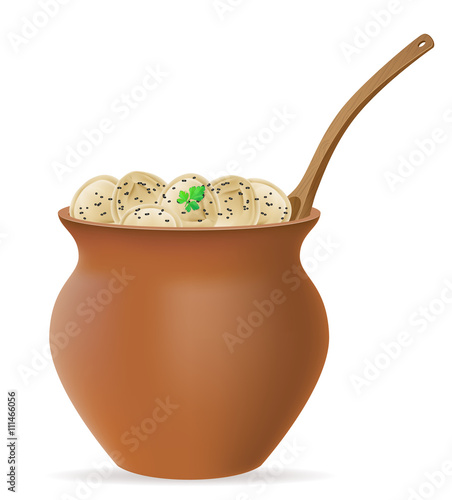 dumplings pelmeni of dough with a filling and greens in clay pot