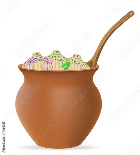dumplings khinkali of dough with a filling and greens in clay po
