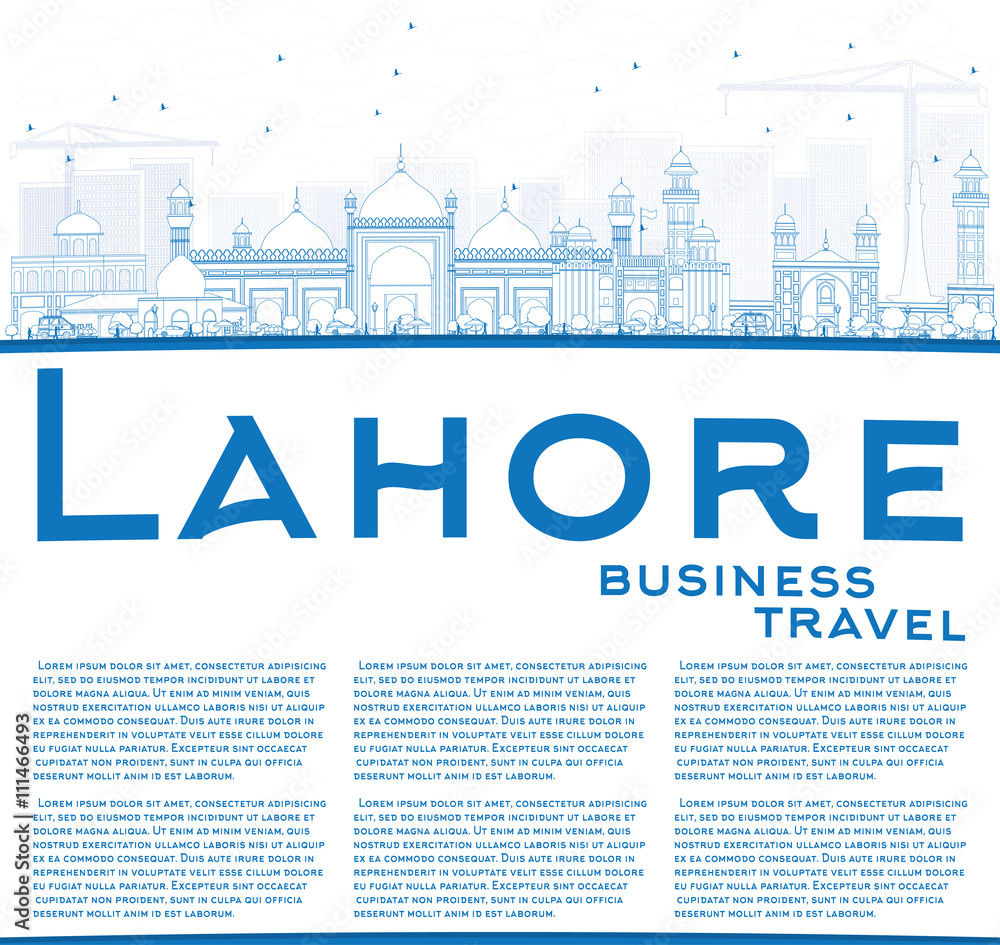 Outline Lahore Skyline with Blue Landmarks and Copy Space.
