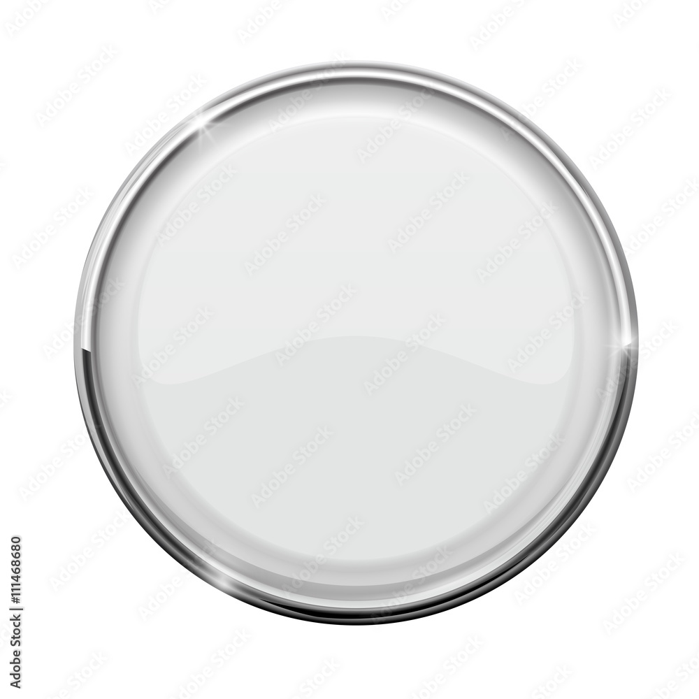 Glass button. White round button with metal frame Glass button. White round button with metal frame