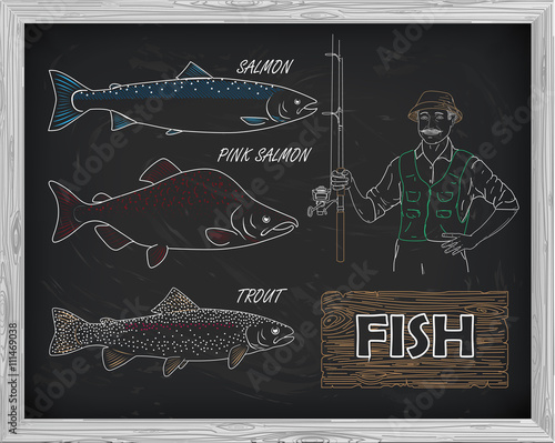 beautiful pattern of salmon, trout and pink salmon. Fisherman wi