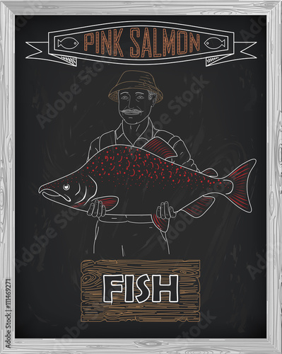 beautiful pattern of pink salmon. Fisherman with a drawing of wh