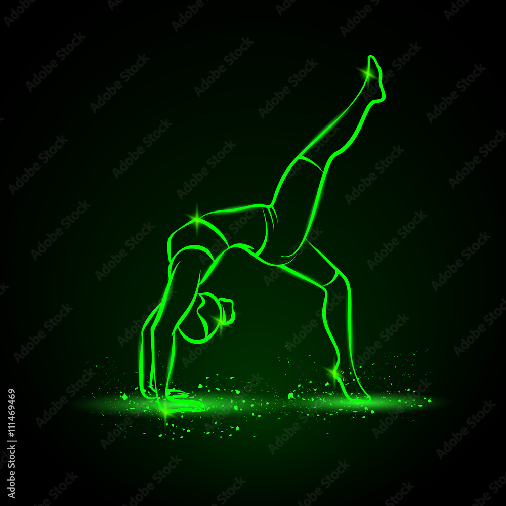 Neon vector illustration of a woman practices yoga.