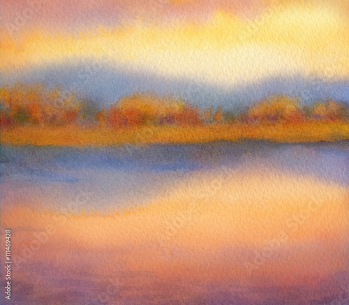 Watercolor landscape. Sunset over lake