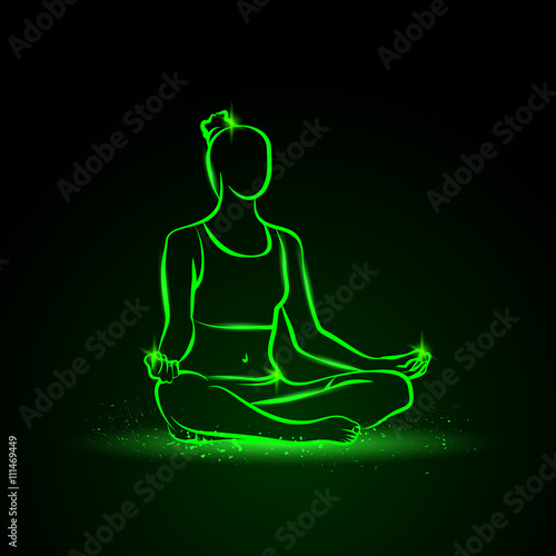 Neon vector illustration of a woman practices yoga.