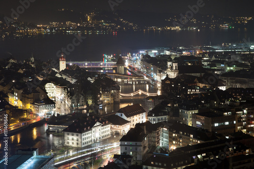 Aerial view of downtown Luzern at night, Switzerland