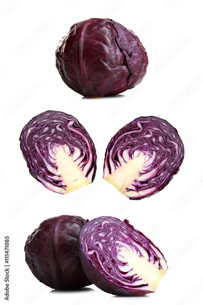 Fototapeta premium cabbage and cut the cabbage into two parts on a white isolated background