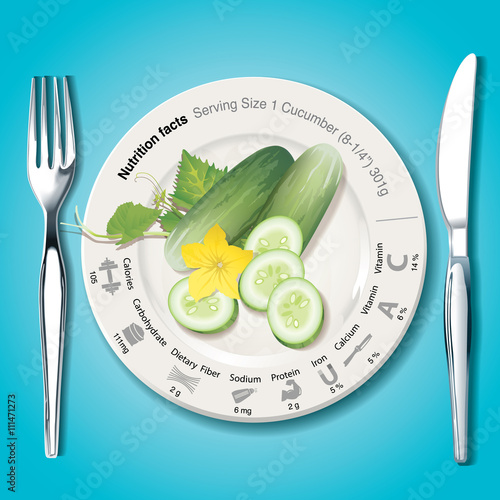 Vector of Nutrition facts in cucumber on white plate