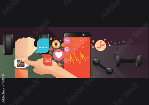 Man wearing smartwatch and using smart phone on fitness activity. Wireless technology