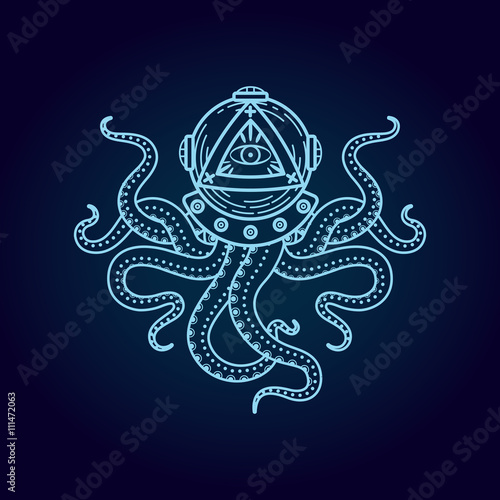 Octopus in retro deep diving suit. Eye of Providence.