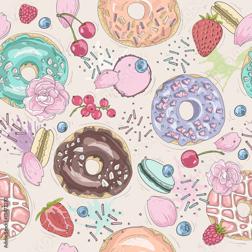 Seamless breakfast pattern with flowers, donuts, fruits, berries
