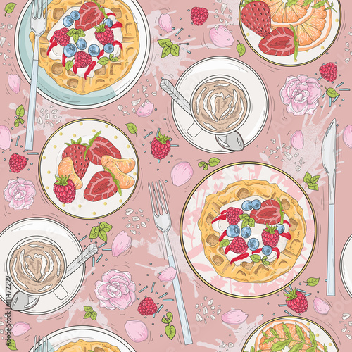 Seamless breakfast pattern with flowers, waffles, fruits, berrie