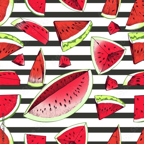 Vector seamles pattern of watermelon slices isolated on black strips backgdround. Vibrant red and green summer watermelon parts. Hand drawn. photo