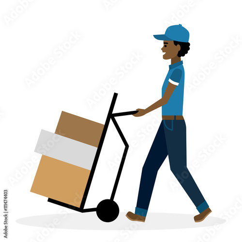 Delivery man with parcel on truck, trolley.  Fast transportation. Isolated african american cartoon character on white background. Postman, courier with package on trolley.