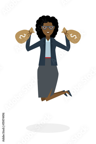 Businesswoman jumping in the air with money bag on white background. Concept of victory, business success and celebrating. Isolated happy african american businesswoman is excited.