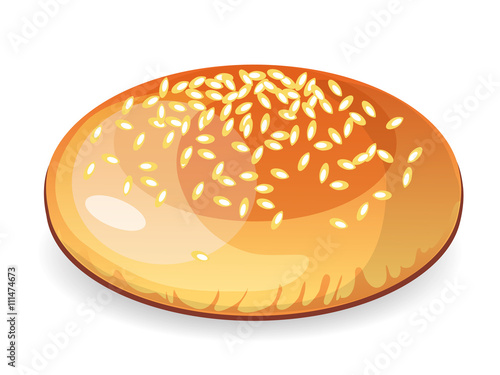 Empty hamburger bun with sesame seeds on white background. Isolated cheesburger roll. Incomplete, blank.