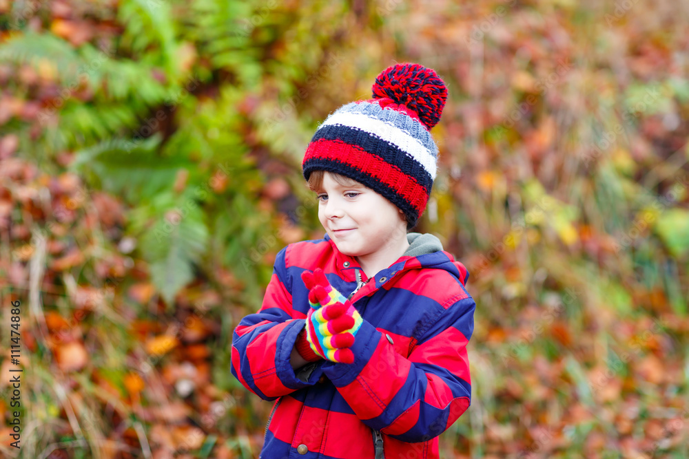 Cute little kid boy on autumn leaves background in park. Cute little kid boy on autumn leaves background in park.