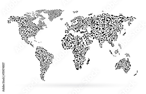 World map from notes on white background. Black notes pattern. Black and white design. Map shape. Poster idea. 