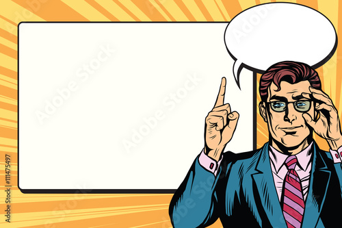 Pop art businessman with frame for text