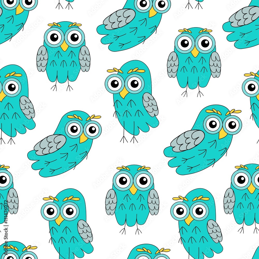 Fototapeta premium Owlet turquoise vector seamless pattern. 