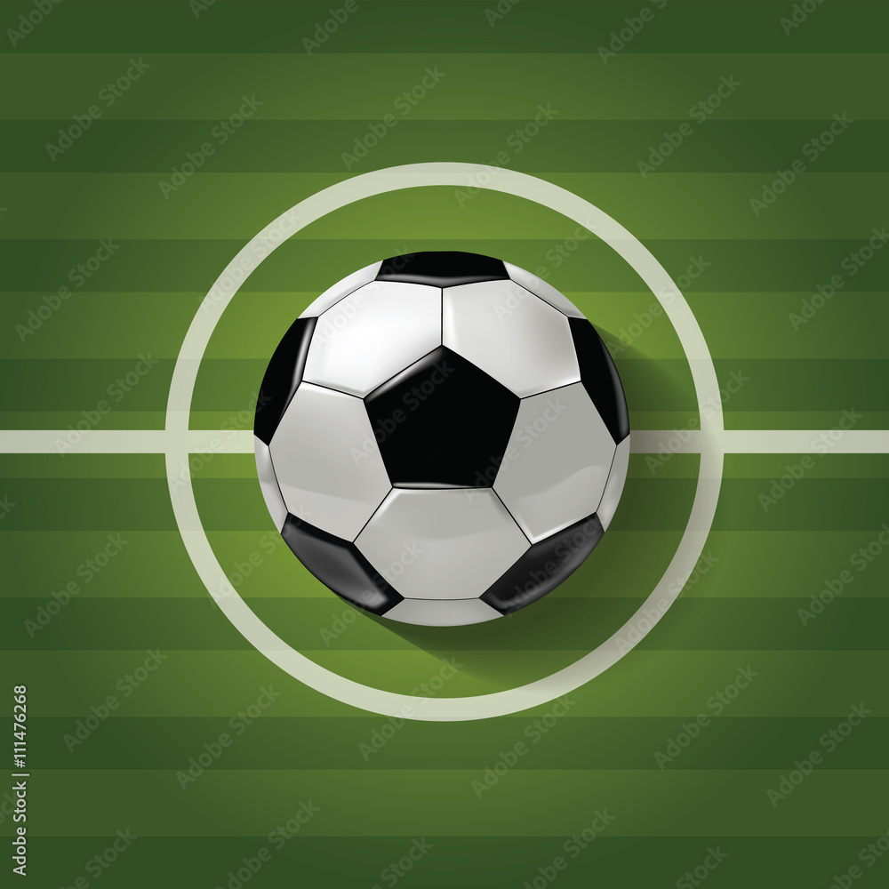 Obraz premium Vector A soccer ball on a green stripped soccer filed texture.