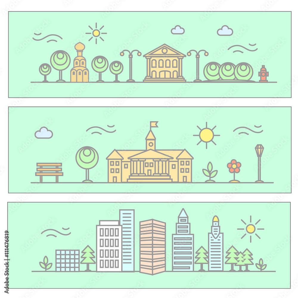 Vector city illustration in linear style - buildings and trees