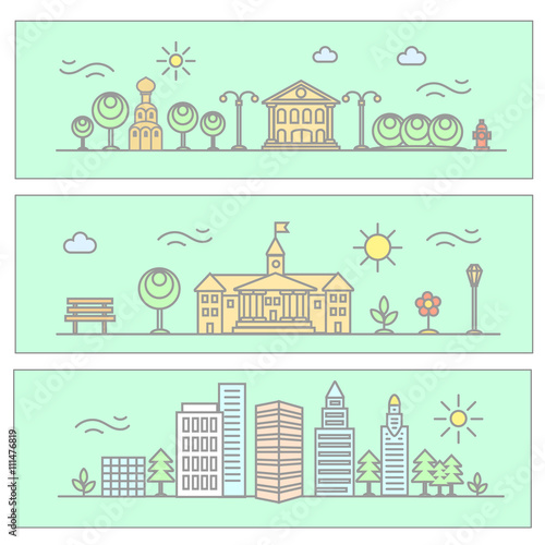 Vector city illustration in linear style - buildings and trees