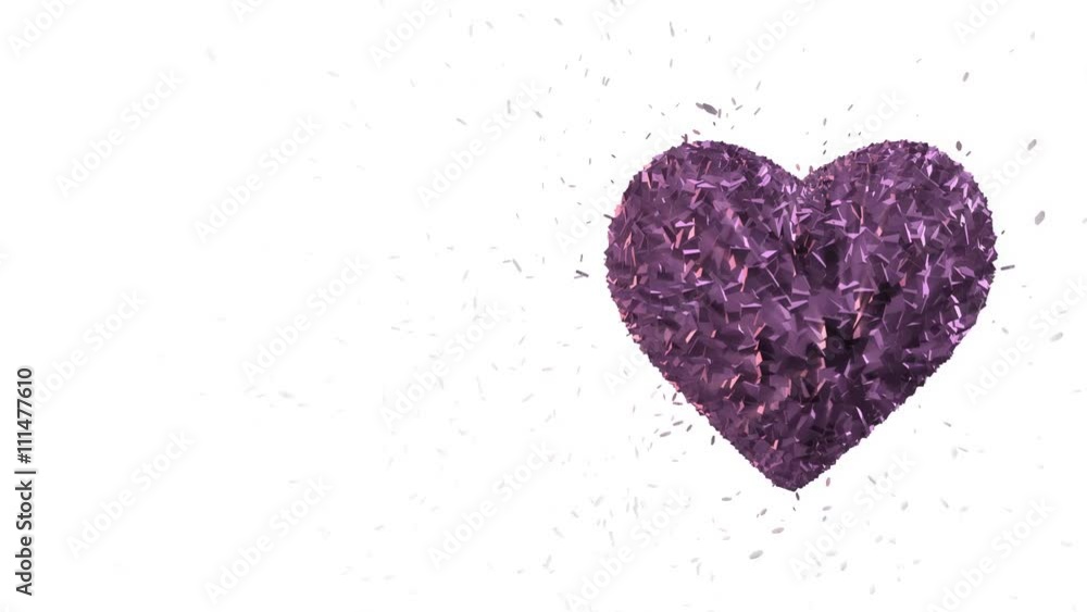 Abstract looped animated background: Rotating luminous 3d purple heart formed pieces and cubes of violet spinning with stray pieces. White background. Seamless loop. Abstract looped animated background: Rotating luminous 3d purple heart formed pieces and cubes of violet spinning with stray pieces. White background. Seamless loop.