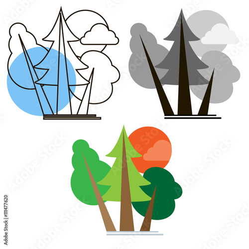 Line, outline and flat design tree set vector illustration. Can