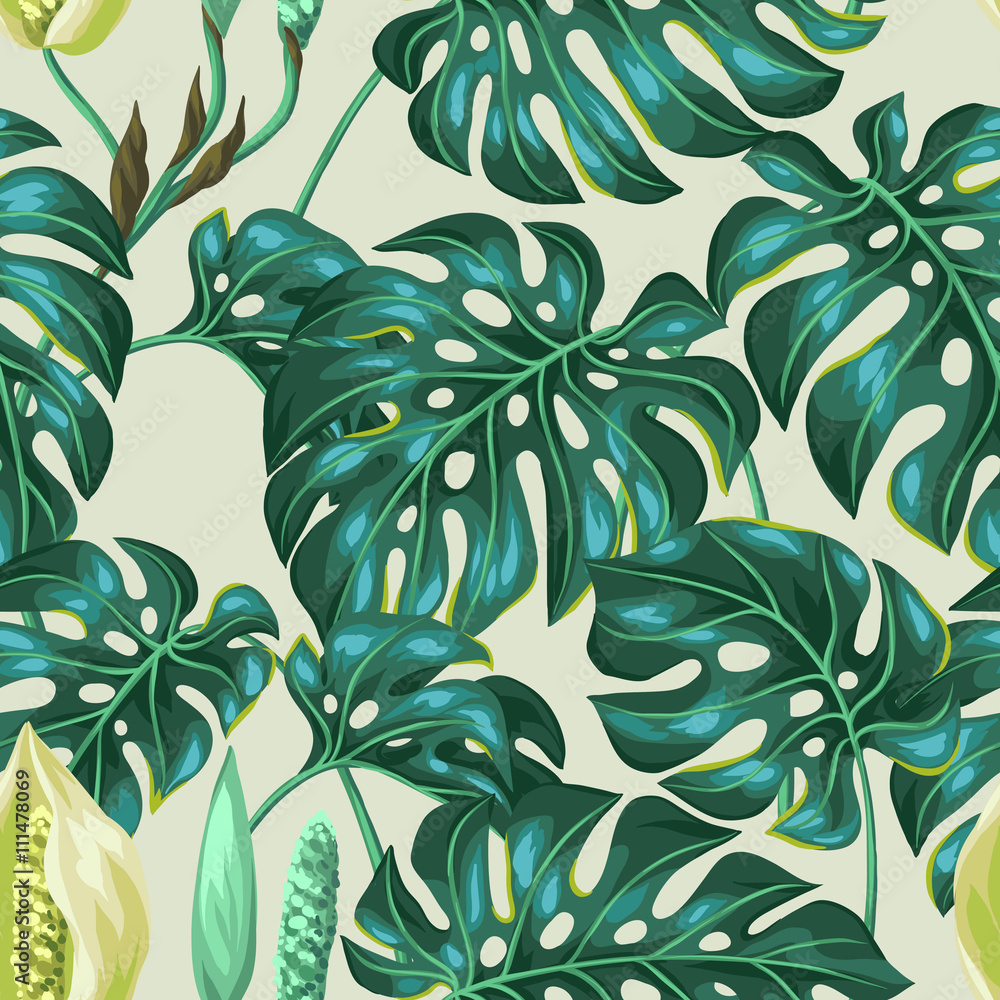 Fototapeta premium Seamless pattern with monstera leaves. Decorative image of tropical foliage and flower. Background made without clipping mask. Easy to use for backdrop, textile, wrapping paper