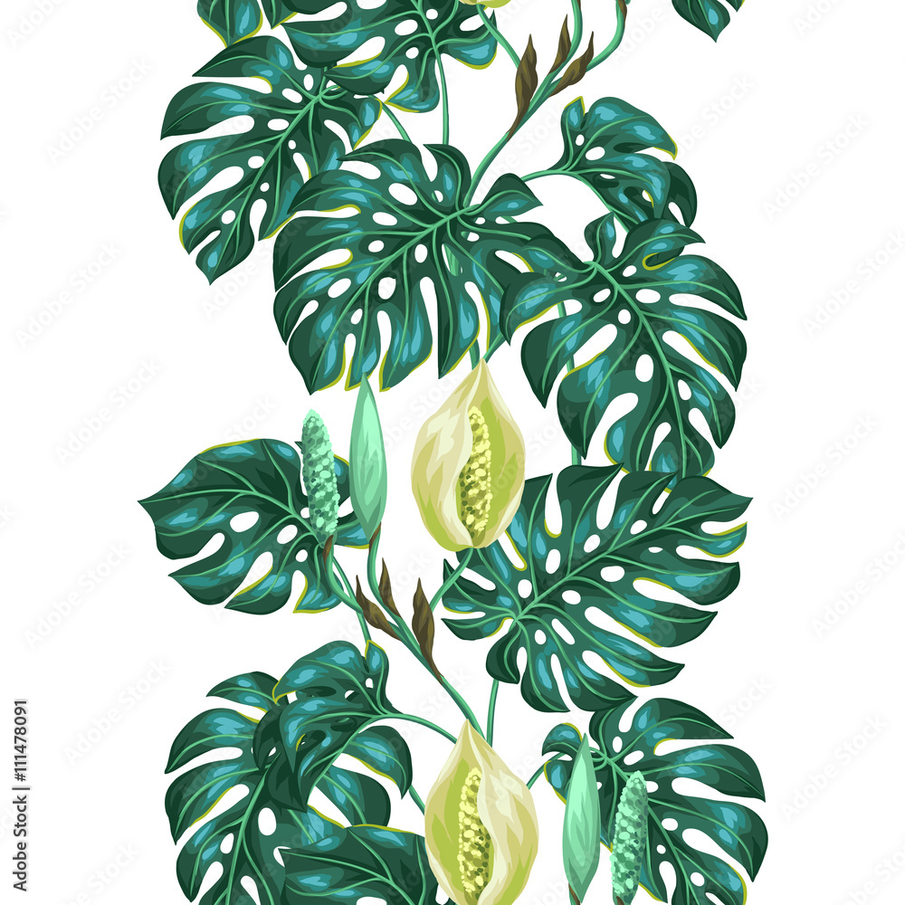 Fototapeta premium Seamless pattern with monstera leaves. Decorative image of tropical foliage and flower. Background made without clipping mask. Easy to use for backdrop, textile, wrapping paper