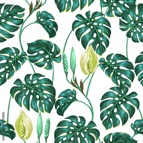 Seamless pattern with monstera leaves. Decorative image of tropical foliage and flower. Background made without clipping mask. Easy to use for backdrop, textile, wrapping paper