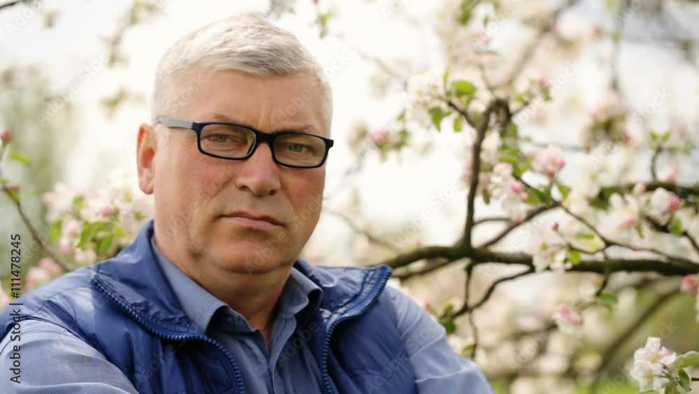 Serious agriculturalist staying near cherry tree. Serious agriculturalist staying near cherry tree.