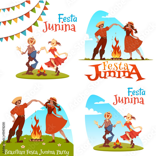  Girl and boy dancing at Brazilian Festa Junina Party. Vector illustration.