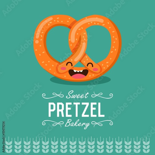 Fun cartoon pretzel. Bakery and pastry cartoon character. Vector illustration. 