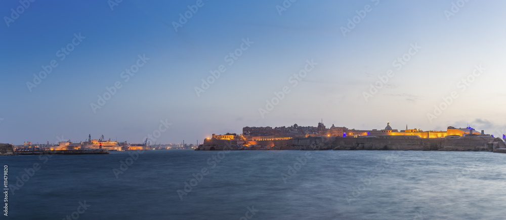 Valletta, Malta and the Grand Harbour from the Breakwater at blue hour