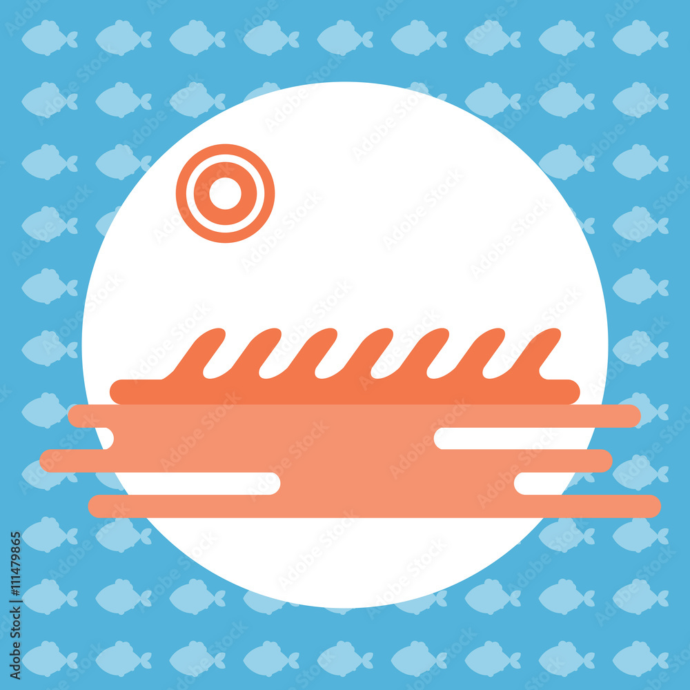 Abstract illustration with ocean water and a sun in a round frame, over an blue background with fish. Digital vector image. Abstract illustration with ocean water and a sun in a round frame, over an blue background with fish. Digital vector image.